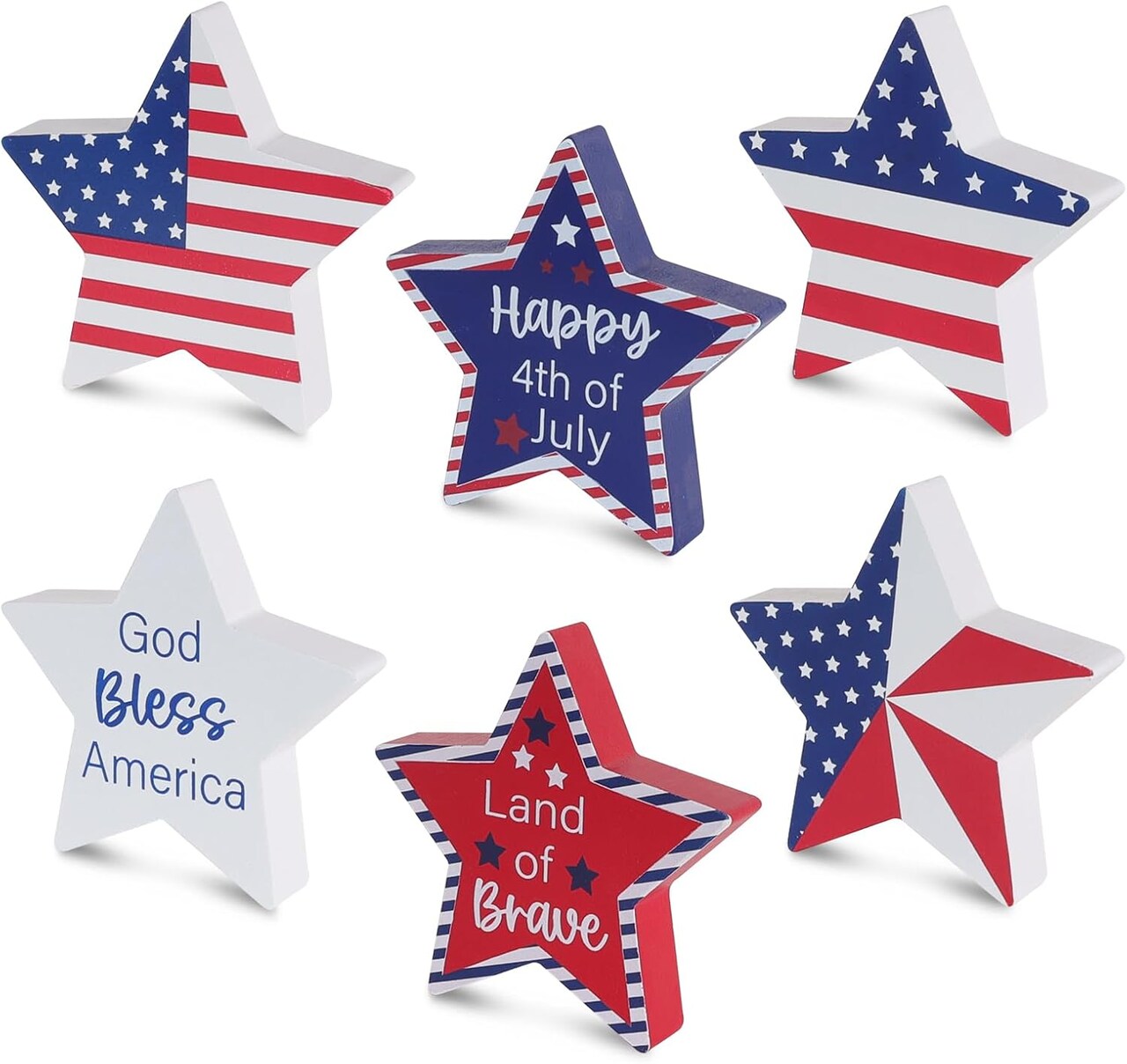 Memorial Day Decorations, 4th of July Decorations, 6Pcs Patriotic Wood Star Block Sign for Independence, Red White Blue American Fourth of July Tabletop Decor for Tiered Tray, Table, Home